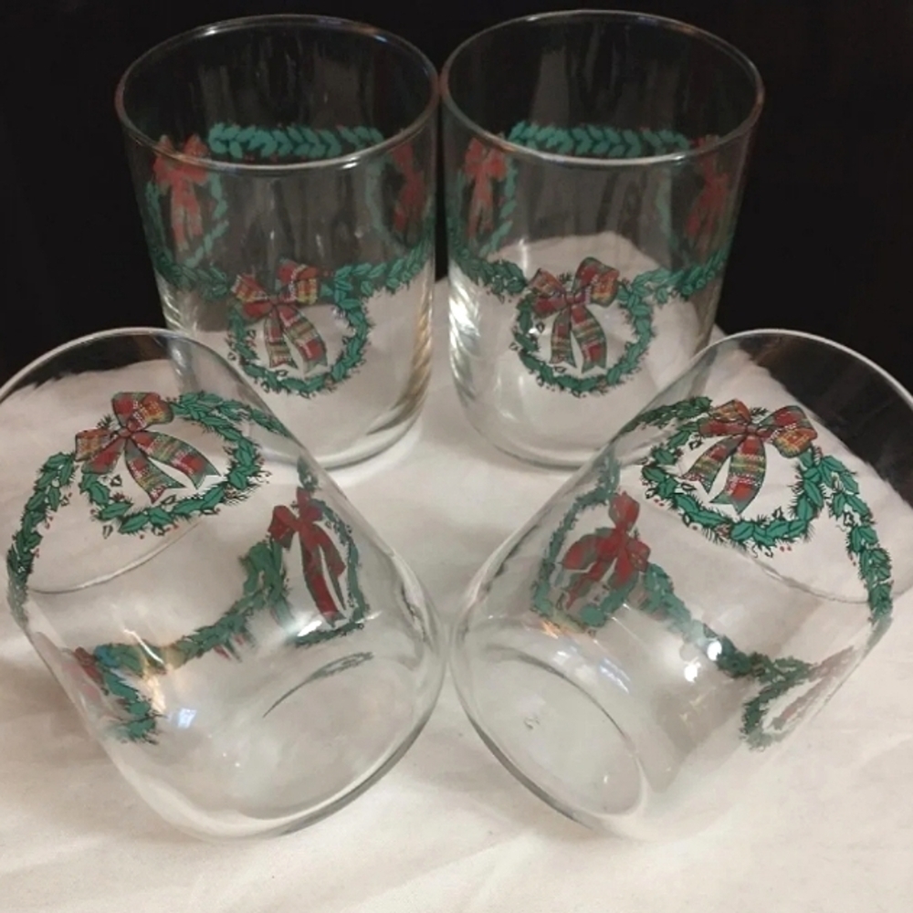 4 Vintage Libbey Christmas Holly Wreath Glasses Tumblers Red Plaid Bow 4"
